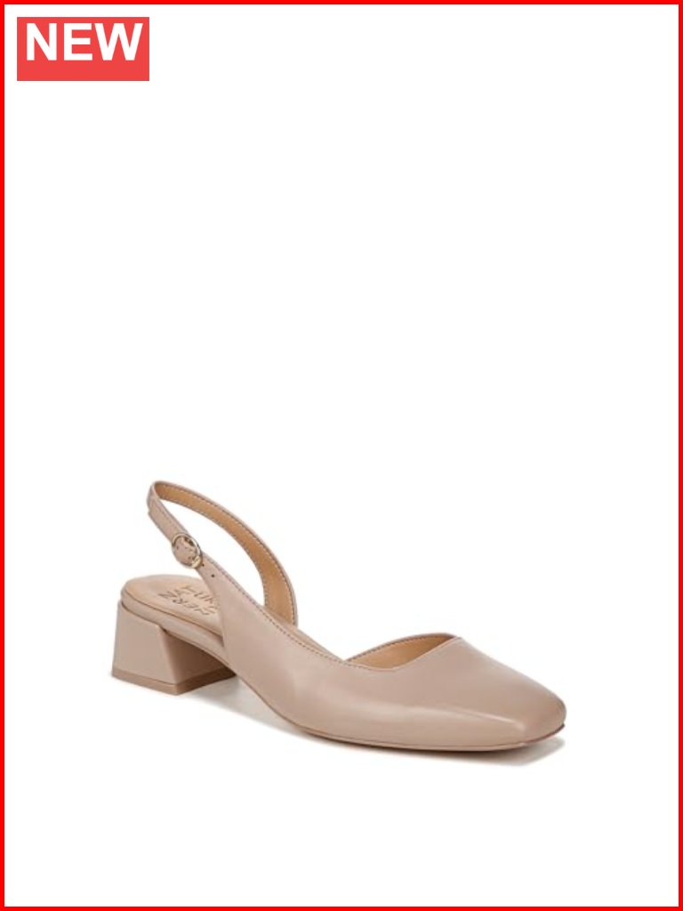 Slingback Pumps With Block Heel And Cushioning, Leather Upper, Adjustable Buckle